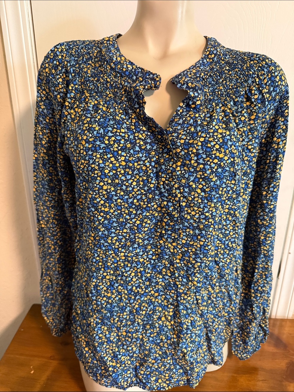 croft & barrow Blue and Yellow Floral Smocked-Neck Long Sleeve Blouse